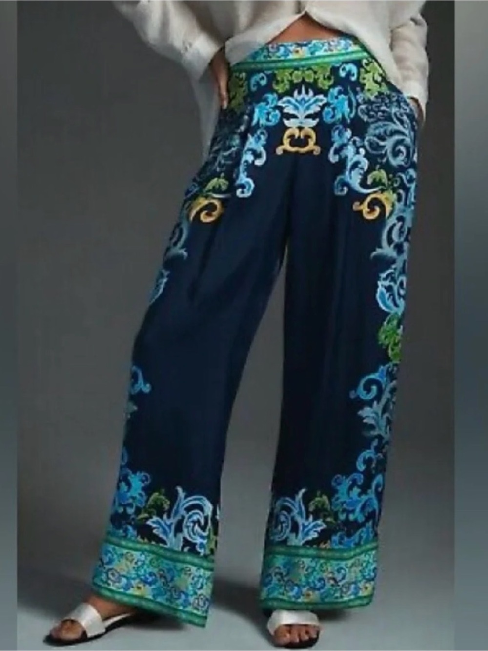 Ranna Gill Navy Wide-Leg Pants with Blue, Green & Gold Print
